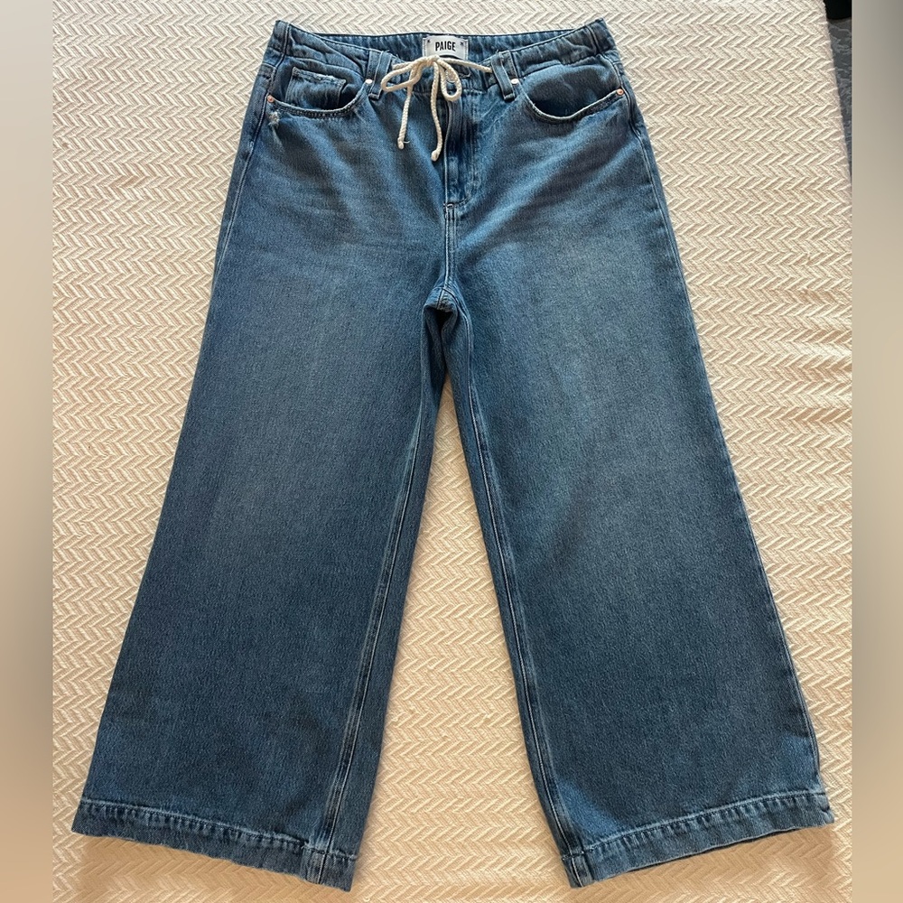 PAIGE Wide Leg Flare Jeans in Medium Blue Denim